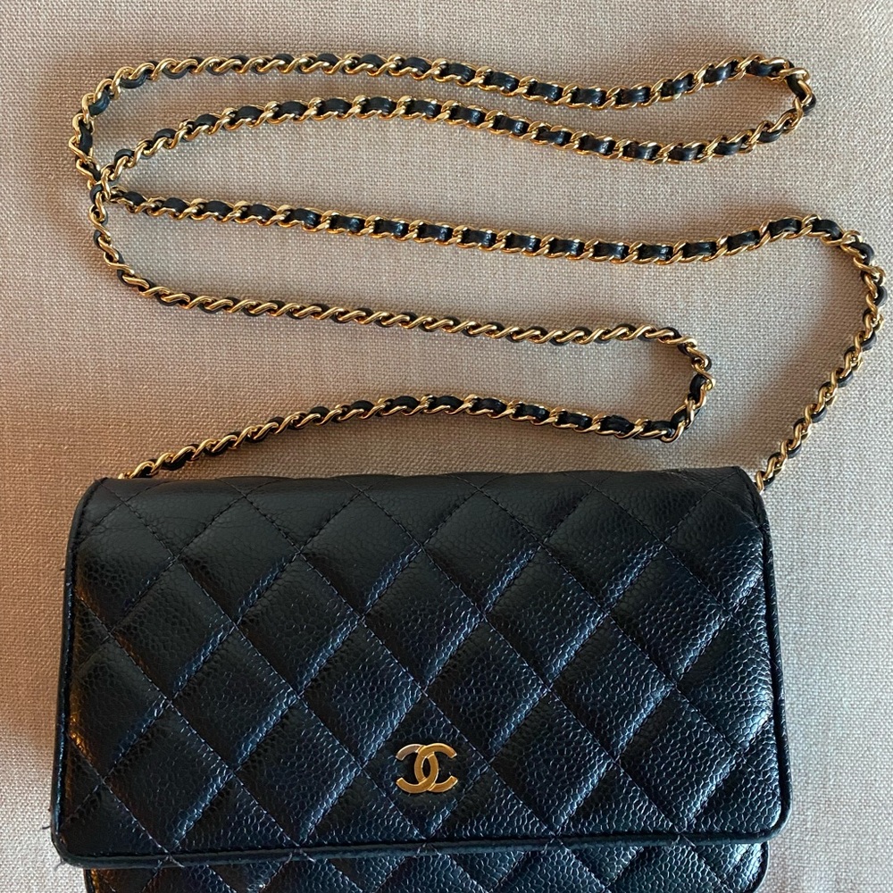 Authentic Chanel Wallet on Chain - Black Caviar Leather with Gold hardware